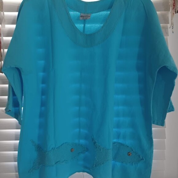 Cottonseed Casual Wear Women’s Turquoise Fish Appliqué Top Sz L / XL 100% Cotton - Picture 5 of 7